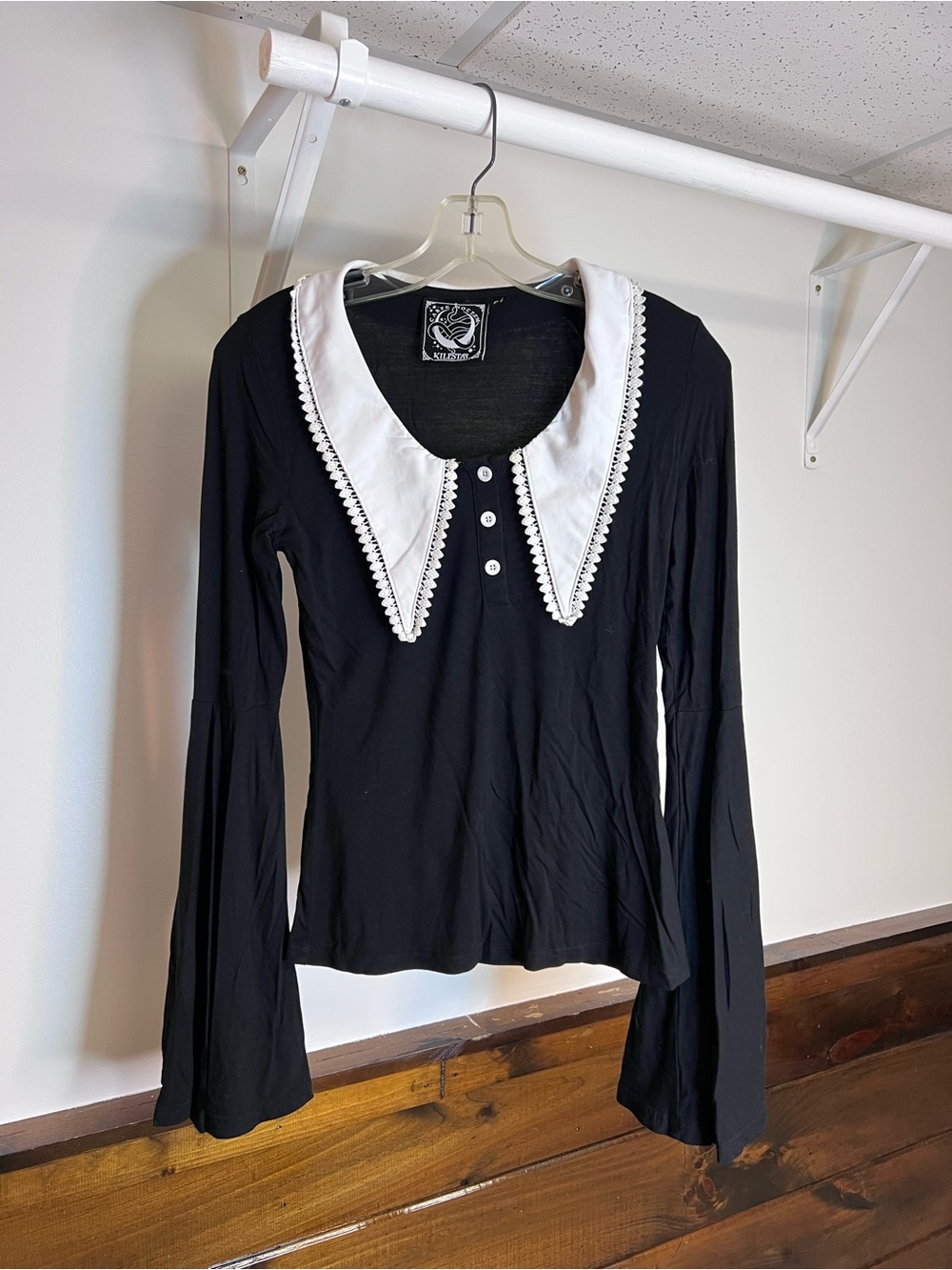 Killstar Morianna Long Sleeve Top Black with White Peter Pan Collar- S